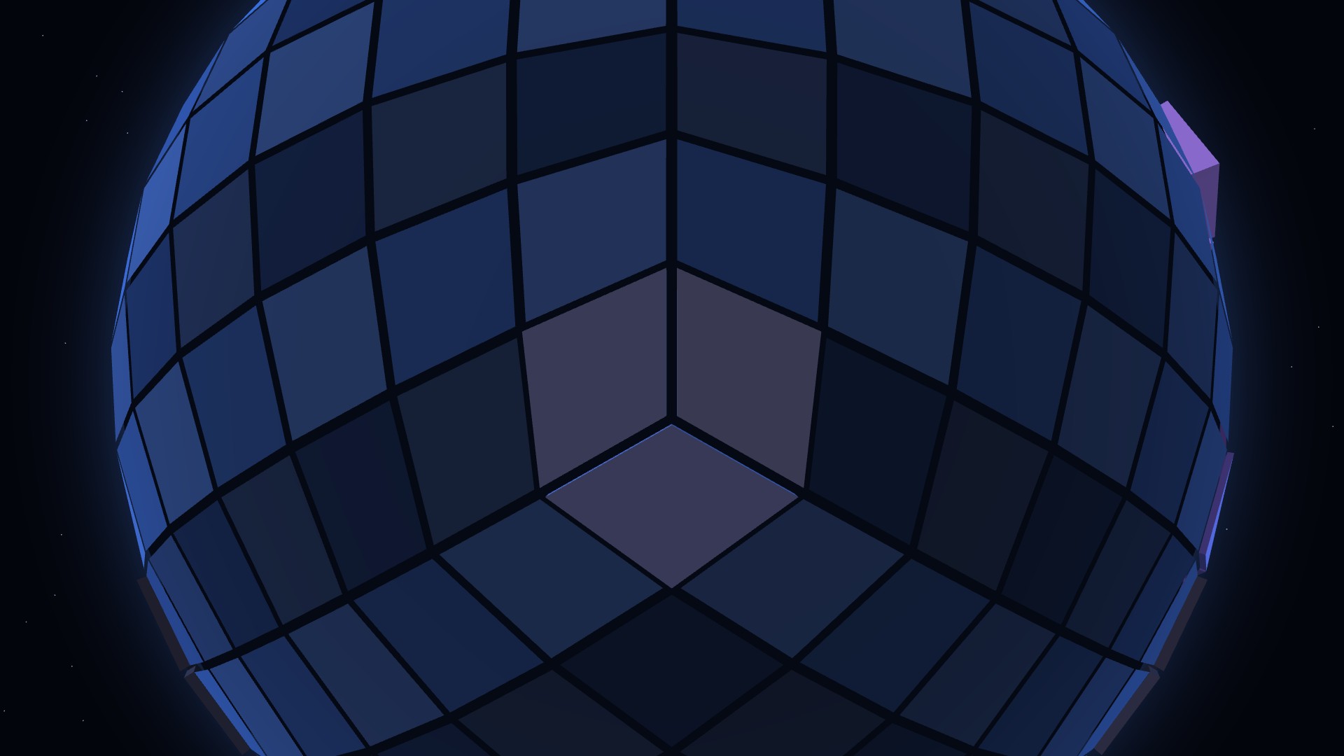 A close-up of a cube corner on the planet, where three grey square cells meet as solid ground.