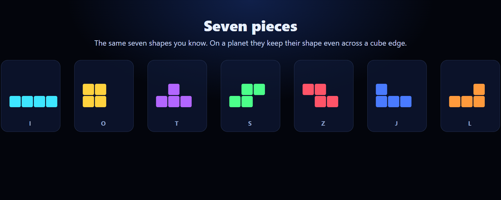 The seven falling-block shapes, each in its own colour, shown side by side.