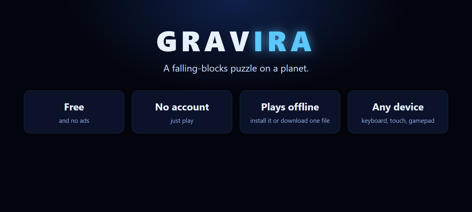 Four cards reading: free, no account, plays offline, any device.