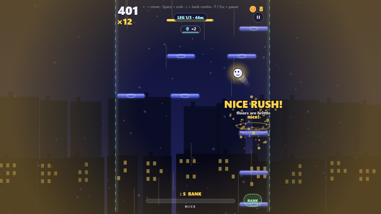 Mid-run gameplay at a x12 combo: the ball glows as it falls toward a ring labelled 'NICE RUSH!' on a brittle floor, with the NICE meter nearly full and a BANK button in the corner.