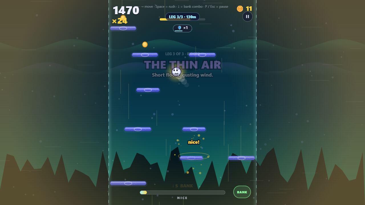 A leg-transition banner reading 'LEG 3 OF 3 — THE THIN AIR: Short floors, gusting wind' as the ball bounces through it mid-chain at a x24 combo.