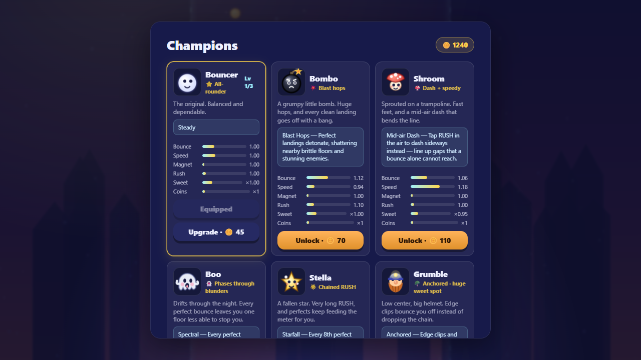 The Champions roster: Bouncer, Bombo and Shroom shown with their stats and abilities (Blast Hops, Mid-air Dash), plus Boo, Stella and Grumble below, each unlockable with coins.