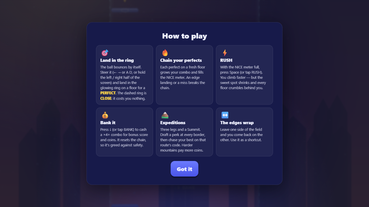 The How to Play card explaining six rules in order: land in the ring for a PERFECT, chain perfects to fill the NICE meter, RUSH to climb faster, bank a combo for coins, Expeditions draft a perk at every border, and the edges of the field wrap.