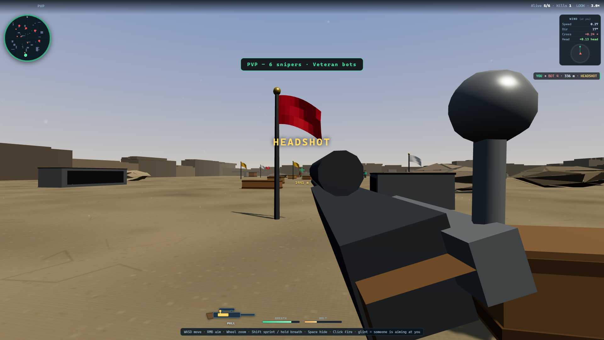 PVP against bots in a quarry arena: the sniper scopes in on a distant bot and scores a kill with one shot.