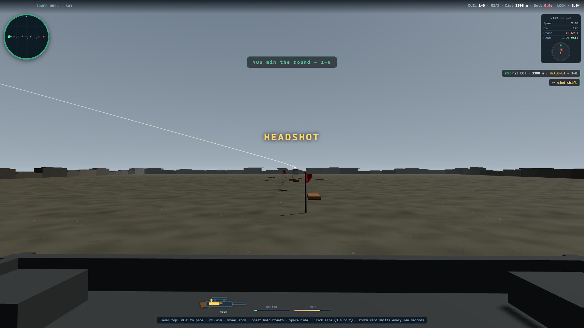 Tower Duel: from a tower top the sniper aims at a bot standing on another tower kilometres away and lands the shot.