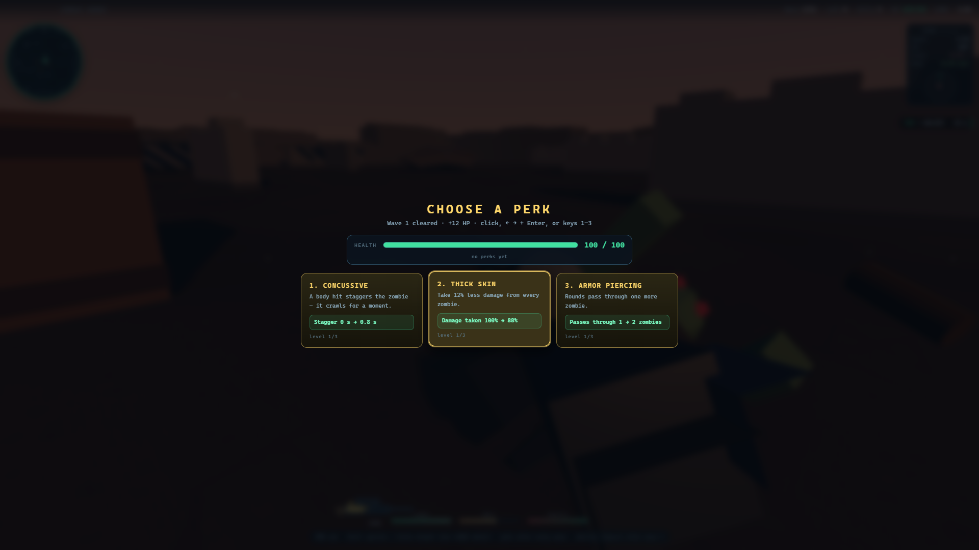 Zombie Horde: the last zombie of a wave falls to a rifle shot, the wave-cleared banner appears, and a screen offers three perks with their exact before and after numbers.