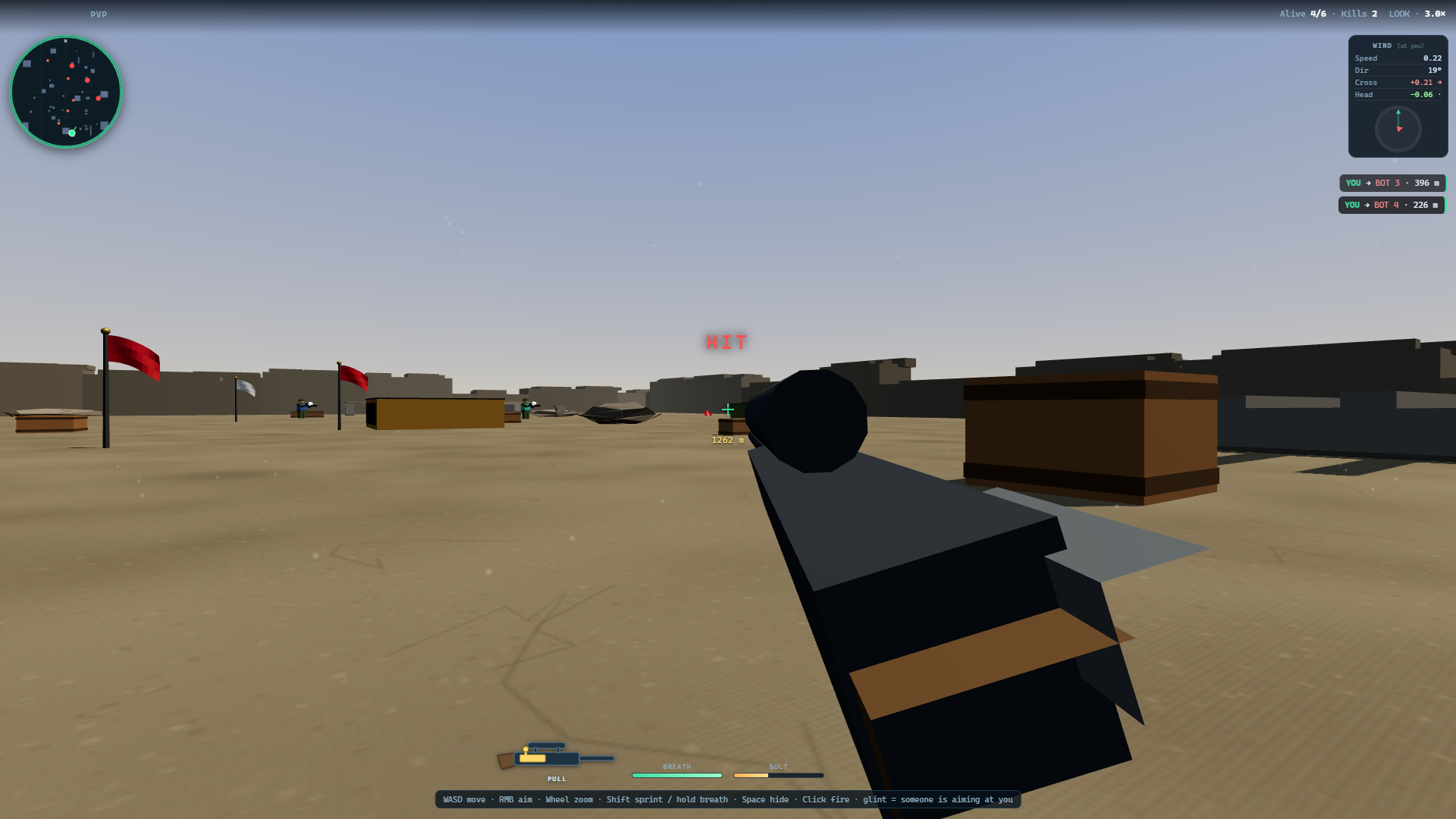 First-person view of the rifle from the hip: after every shot the bolt handle lifts, pulls back, ejects the brass, loads a round, pushes forward and locks, drawn as a small side view beside the bolt meter.