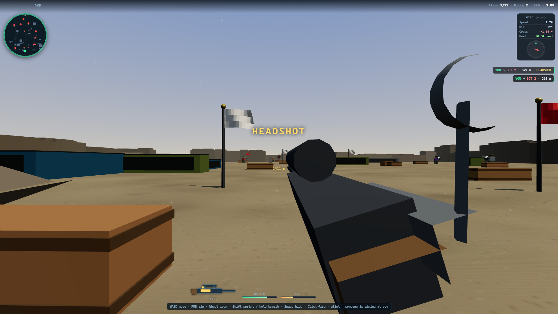 PVP against ten bots: the sniper scopes in on a distant bot and takes it out with a single shot.