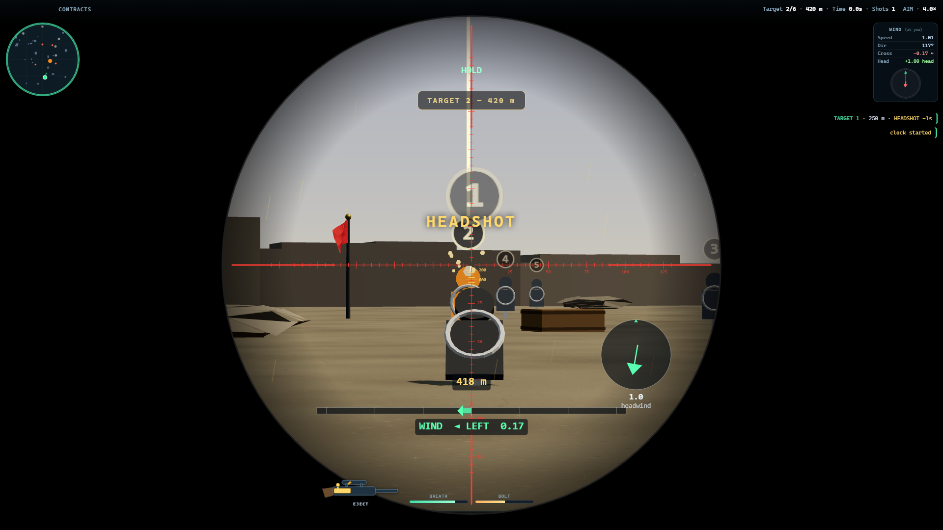 Contracts time trial: the rifle scope moves from target to target at growing distances while the clock and a feed of hits, misses and headshots run.
