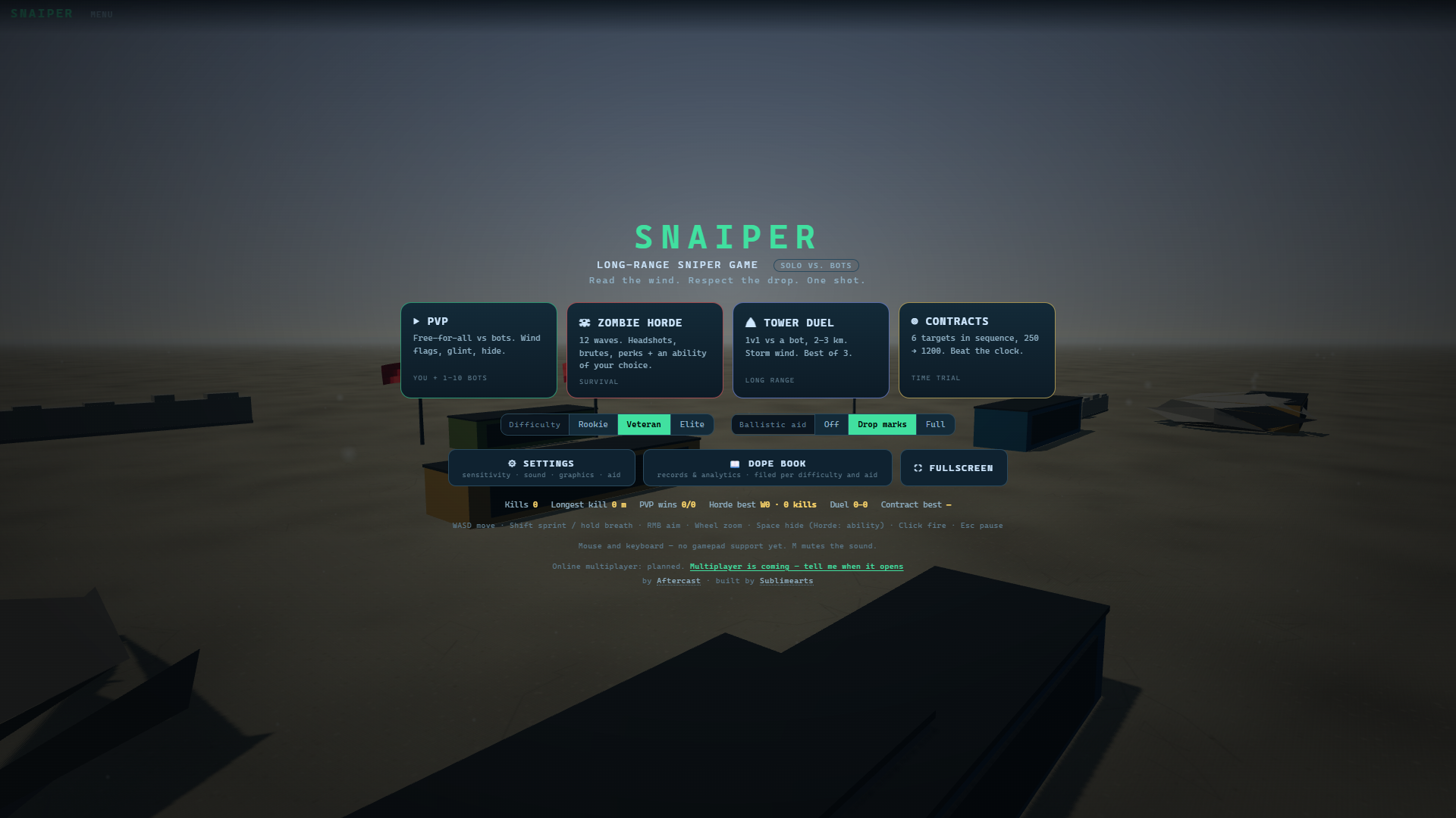 The main menu: four modes (PVP, Zombie Horde, Tower Duel, Contracts) with difficulty and ballistic aid selectors. Solo vs. bots; online multiplayer is planned.